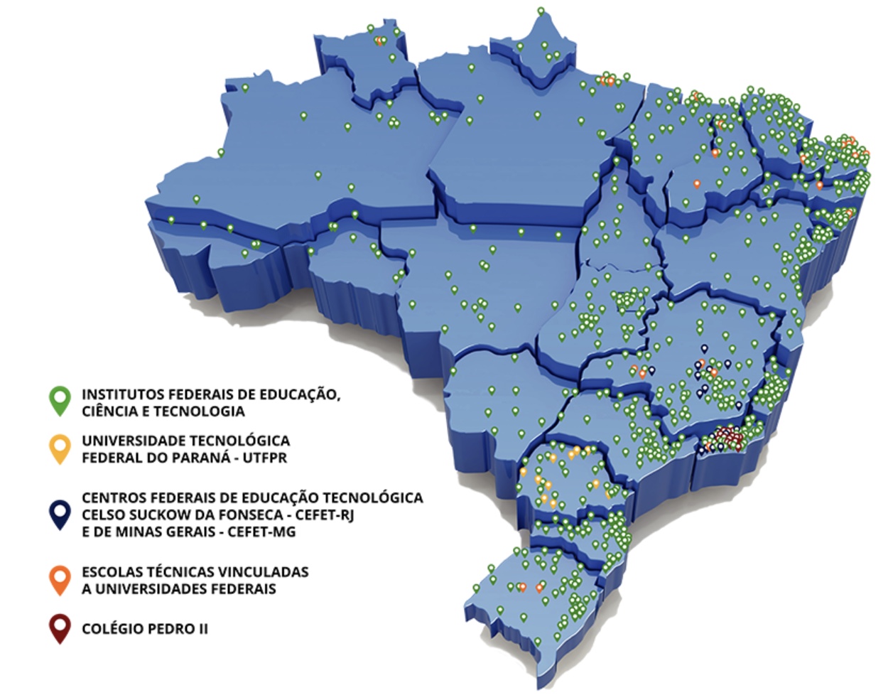 Figura contendo um mapa do Brasil com a distribuição geográfica das instituições que compõe Rede Federal de Educação Profissional, Científica e Tecnológica